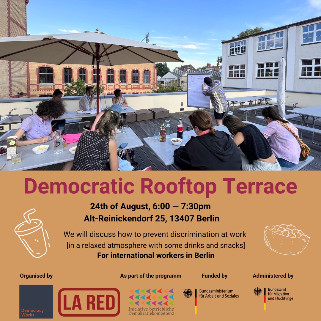 Un espacio seguro para hablar de discriminación en el ámbito laboral, cómo prevenirla y qué hacer cuando la sufrimos. Habrá algo de beber y comer para amenizar la charla. Es en inglés, pero con el español como segundo idioma. 
Apuntaos aquí👉bit.ly/3D9Hi25