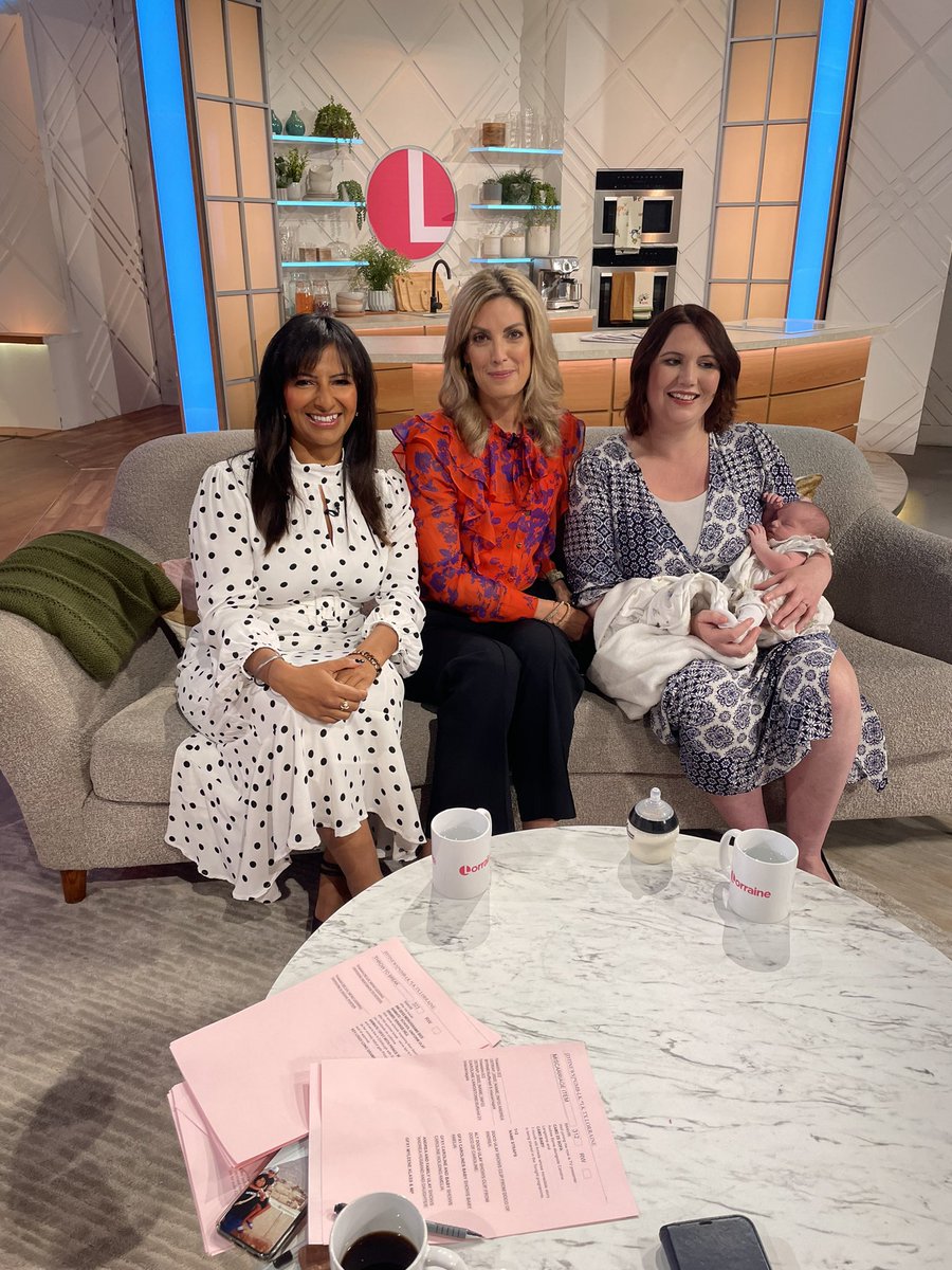 AndreaByrneTV's tweet photo. What a morning.Thanks @ranvir01 for having us on @lorraine sofa to raise awareness of miscarriage -the @ITVTonight is on 8.30 tomoz. And it’s important to say how fortunate we feel to have Jemima. So many don’t get a baby in their arms.That’s also discuss led this in the film.1/2 https://t.co/f3RVuDhgL8