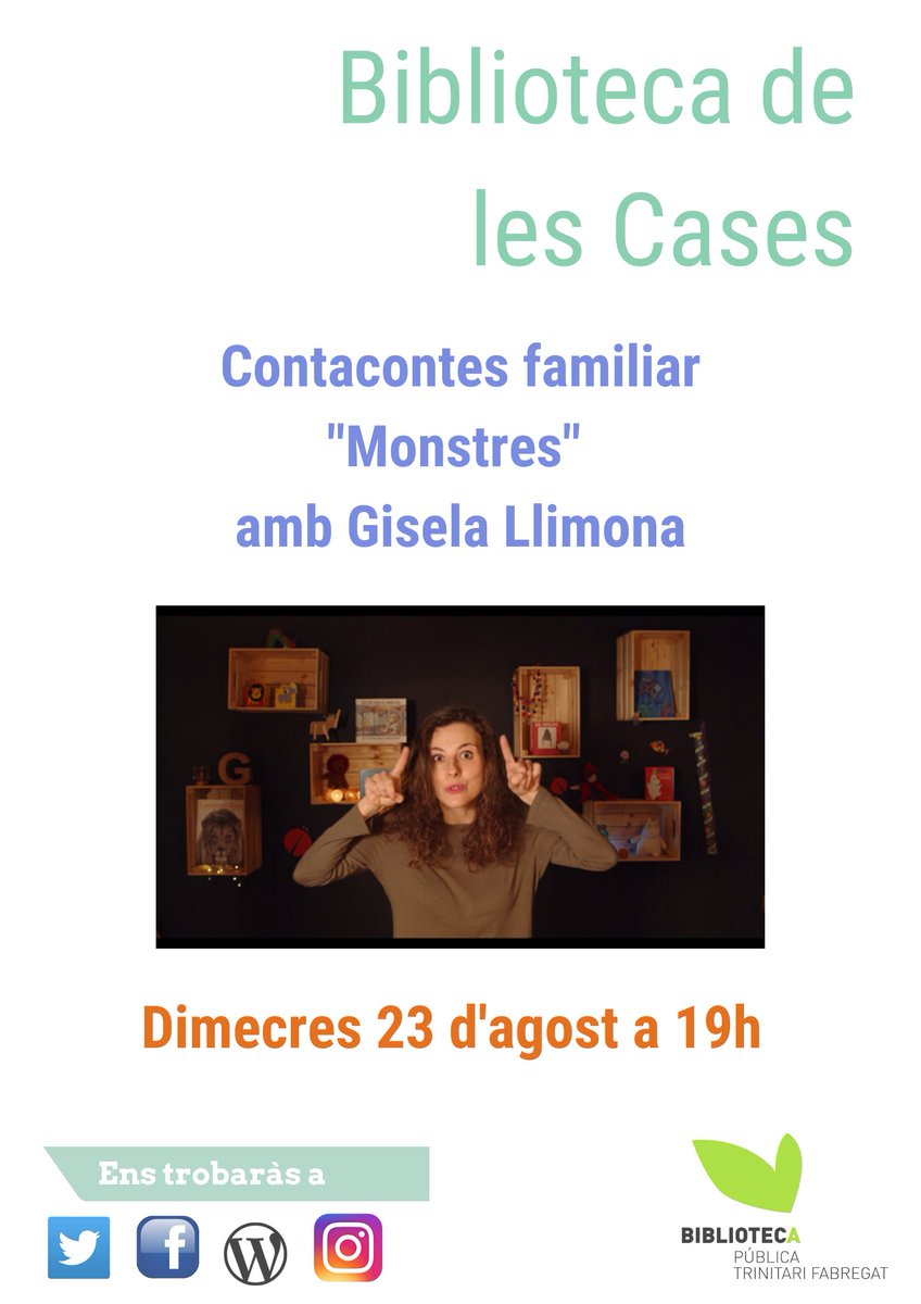 Contacontes familiar "Monstres" amb <a href="/contacontes/">Mari Carmen</a>
La narradora ens obrirà la seua maleta més terrorífica i perdrem la por amb l'acompanyament de la seua màgia.
Us esperem!

📆Dimecres 23 d'agost
🕢19h
📍<a href="/BibliotecaLesCa/">Biblioteca LesCases</a>