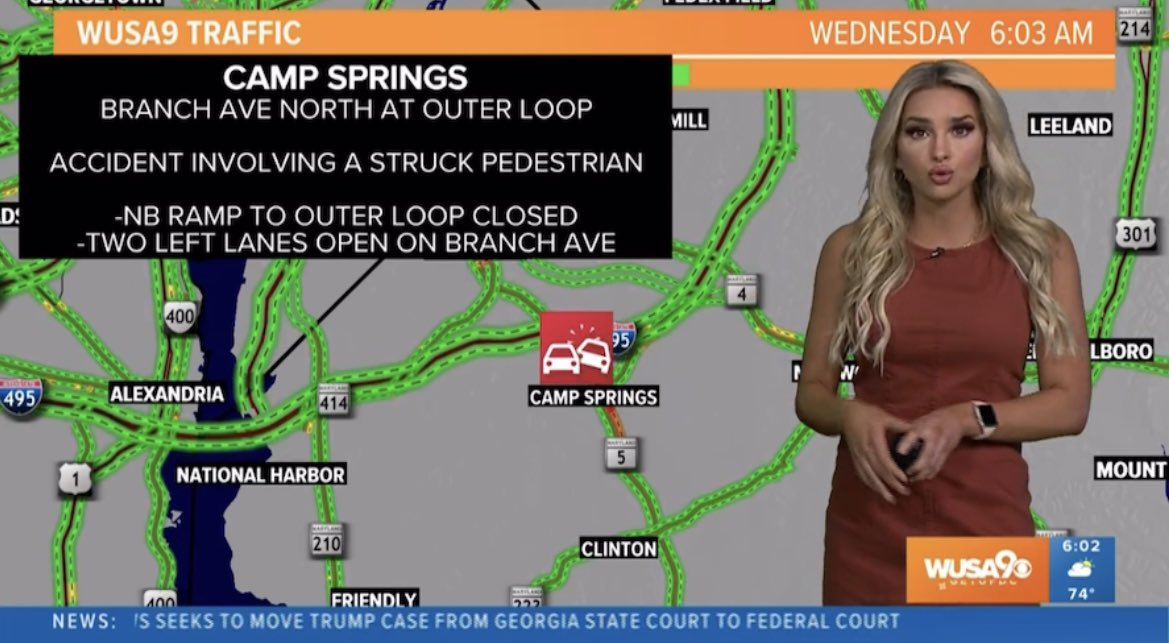 Good Wednesday morning to you!

Big slowdown in #Hyattsville! Road work is blocking 2 lanes US-50 west from the Beltway to Landover Rd

🚙 Take Annapolis Rd instead!

In #Camp Springs, accident involving a struck pedestrian closes the on-ramp from Branch Ave to the Outer Loop