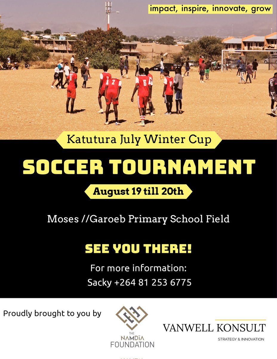 Exciting News! The stage is set for the Katutura July Winter Cup 🏆 happening this weekend, August 19th-20th, at the Moses Garoeb Primary School Sports Field in Katutura! 🌟

A heartfelt shoutout to our incredible sponsors: @NAMDIANAM, your support makes dreams come true! 🙌