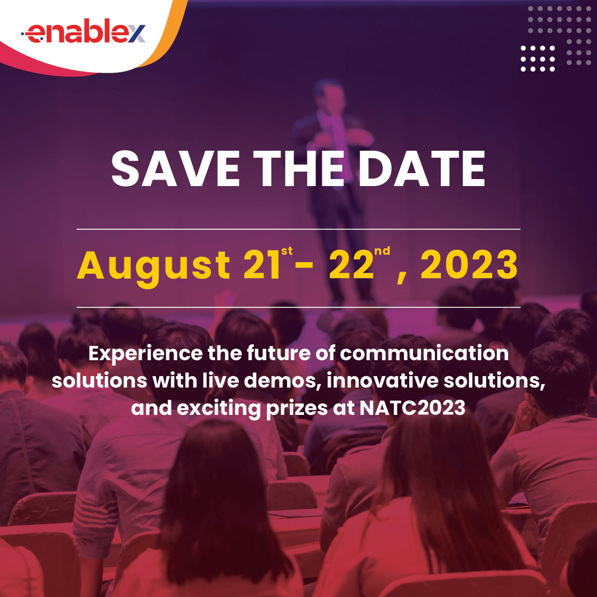 EnablexIo's tweet photo. Visit us at #nasscomTechConference & discover the incredible potential of Real time communication & AI in revolutionizing your business.
Register now https://t.co/po7TT6hfjEย
#BuildSomethingExciting #CPaaS https://t.co/yUpxUoA4fh