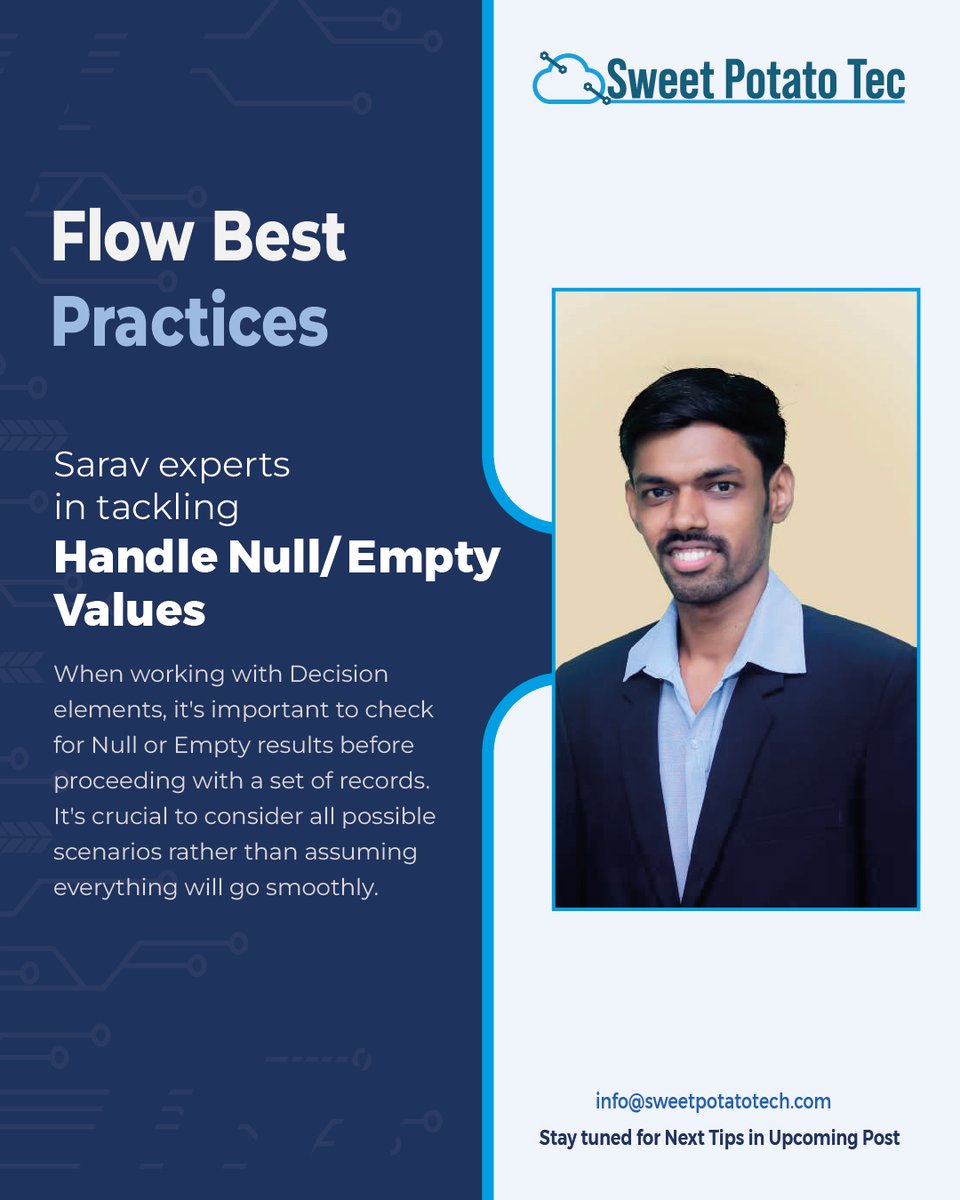 sweetpotatotec's tweet image. Flow Best Practices
4: Tackle Null &amp;amp; Empty Values!
Handle Null/Empty results in #Salesforce Flows&apos; Decision elements.
Prepare for all scenarios—accuracy is key for flawless execution!

Contact: info@sweetpotatotec.com

#NullEmptyHandling #SalesforceFlows