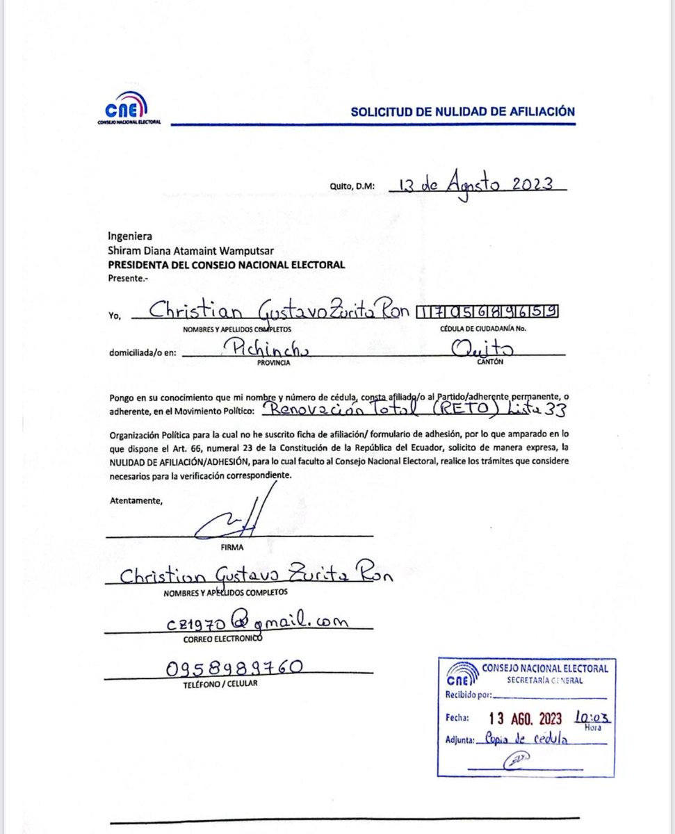 “Estábamos listos,esperando que se manifiesten de cuerpo entero”,contesta ⁦<a href="/Construye_Ecu/">Construye_Ecu</a>⁩ y muestra que a tiempo pidieron anular(agosto 13)ese registro falso de Christian Zurita al conocer su existencia. URGENTE! Somos lo que más teme el correismo,afirman en comunicado.