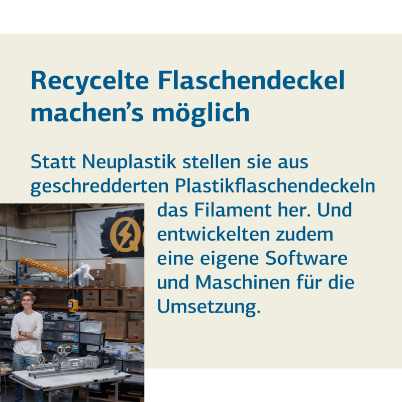 KfW's tweet photo. Das #StartUp #QiTech macht den 3D-Druck nachhaltig! 🖨️
Die Gründer haben eine #Software sowie #Maschinen entwickelt, mit denen Firmen aus recycelten Materialien ihr eigenes Filament für den #3DDruck herstellen können. 👏