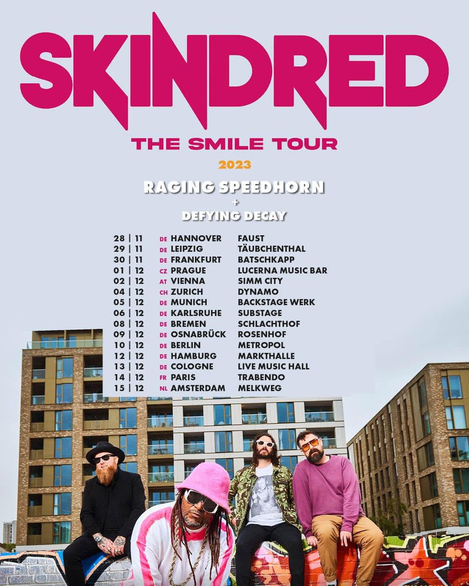 [-] EUROPE [-] We’re Stoked to be back AGAIN and be a part of our upcoming tour with @Skindredmusic take over along side with @Speedhornuk ! Tickets available NOW at skindred.net - #TheSmileTour #Skindred #RagingSpeedhorn #DefyingDecay #Europe #Tour