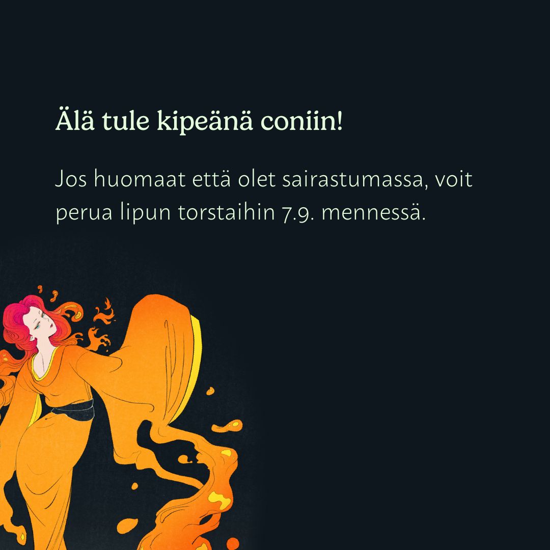 Tracon_FI's tweet photo. Älä tule kipeänä coniin!
Jos huomaat että olet sairastumassa, voit perua lipun 7.9. mennessä. Peruutus tapahtuu laittamalla sähköpostia nimesi kera osoitteeseen liput(at)tracon(.)fi.
Peruutus koskee vain kokonaisia tilauksia.

#Tracon https://t.co/pLtbWT77MJ