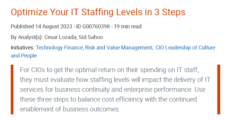 cesarllozada's tweet photo. Just published: Updated #Gartner insights for CIOs looking to optimize their IT staffing levels to help support enterprise outcomes while delivering value.

#GartnerSym #GartnerIT #Staffing #Optimization

Access via Gartner subscription here: https://t.co/VJT3xqgsFk https://t.co/RlDkKIR7mK