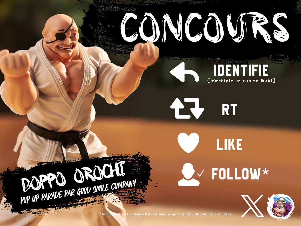 KazBzh's tweet photo. [CONCOURS #BAKI]

Pour la sortie de la P.6: Baki-Rahen et la dernière Saison de #BakiHanma tente de gagner la figurine de Doppo Orochi by @GoodSmile_US 

❤️ Like
🔁 RT
💬 Identifie un fan du manga Baki!
🪪 Follow (Si tu aimes Baki)

🗓️ TAS LE : 24 AOÛT 2023
Un gagnant uniquement https://t.co/Ww9YRAtwwJ