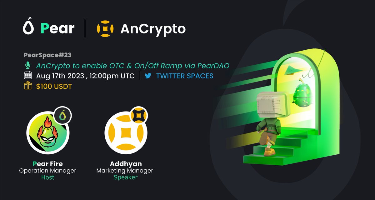 🎙Join us for next 𝙏𝙬𝙞𝙩𝙩𝙚𝙧 𝙎𝙥𝙖𝙘𝙚 #AMA with @AnCryptoWallet 📅Aug 17th |12:00 PM UTC 🎁Prize: $100 USDT for 5 winners 🔔Set reminder:twitter.com/i/spaces/1Yqxo… How to enter: ✅Follow @PearDAOReal & @AnCryptoWallet ✅Like, RT & Drop your question below👇