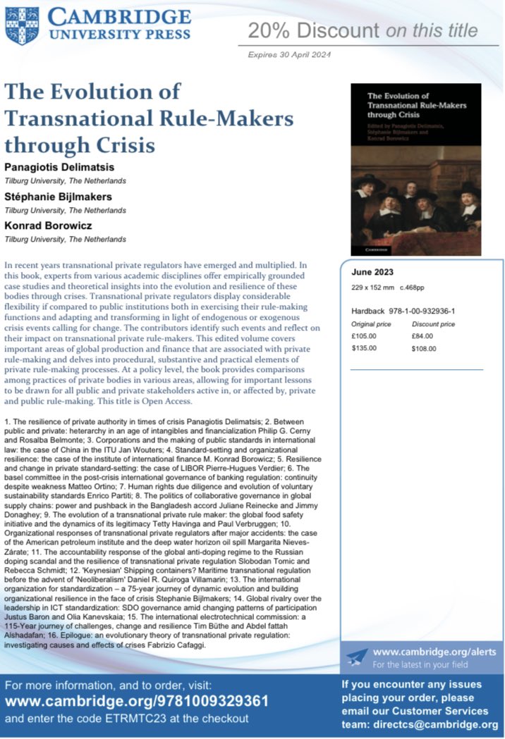 panosdelimatsis's tweet image. Proud to see our edited volume on the evolution of #transnational rule-makers is available at @CUPAcademic , in print and #OpenAccess, thanks to @ERC_Research support. Use the flyer below for 20%off.@REVEAL_TILEC , u rock! Many thanks to our amazing contributors🙏 @TilburgU_TILT