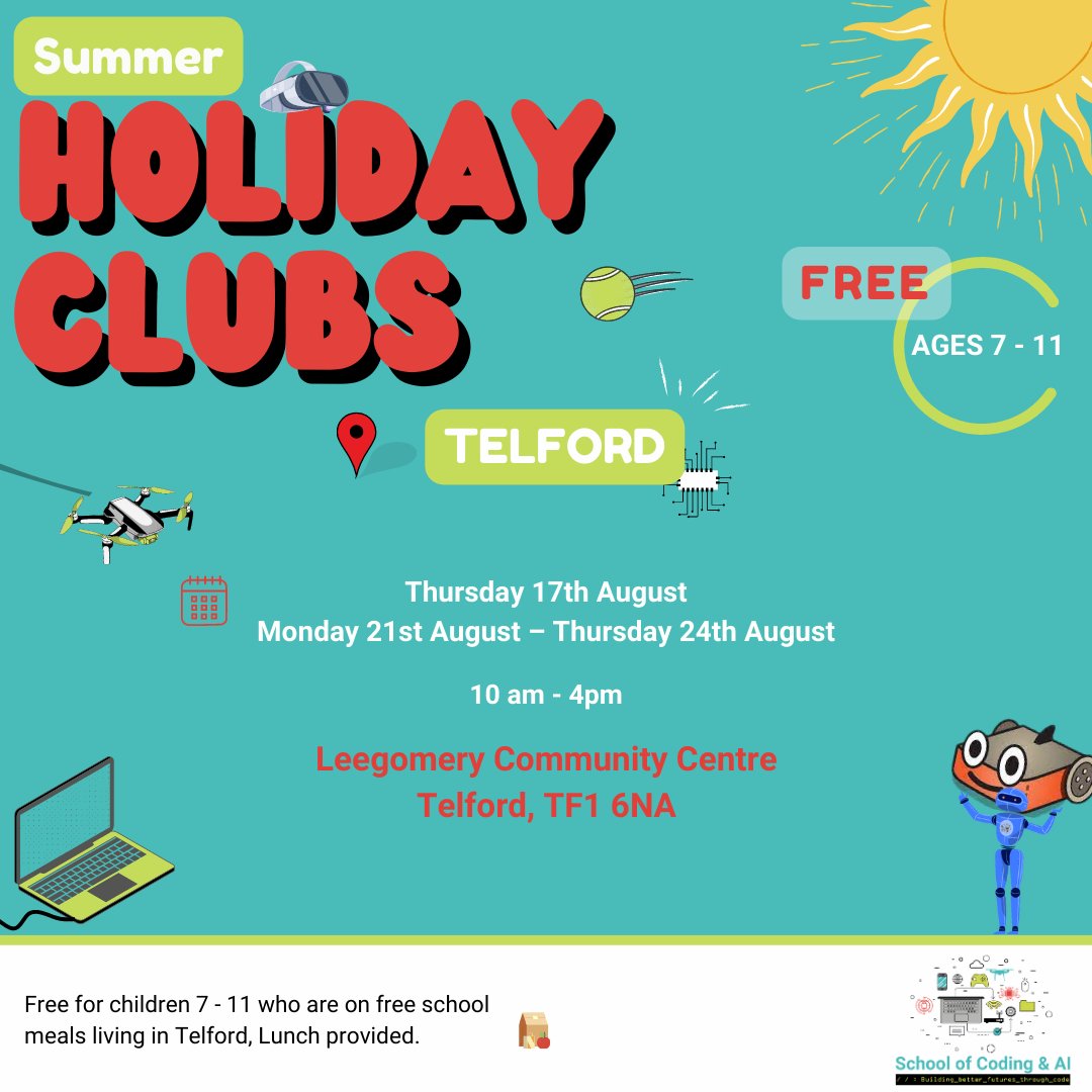 schoolofcoding's tweet image. PLENTY of FREE HAF spots available for next week at our fantastic Telford venue.

Secure your spot now – limited places available!
schoolofcodinguk.com/haf-holiday-cl…

#TelfordFamilies #FreeHAF #LearningAndFun #EnrichingExperiences #telfordholidayclubs #telfordandwrekin #fun #summerholidays