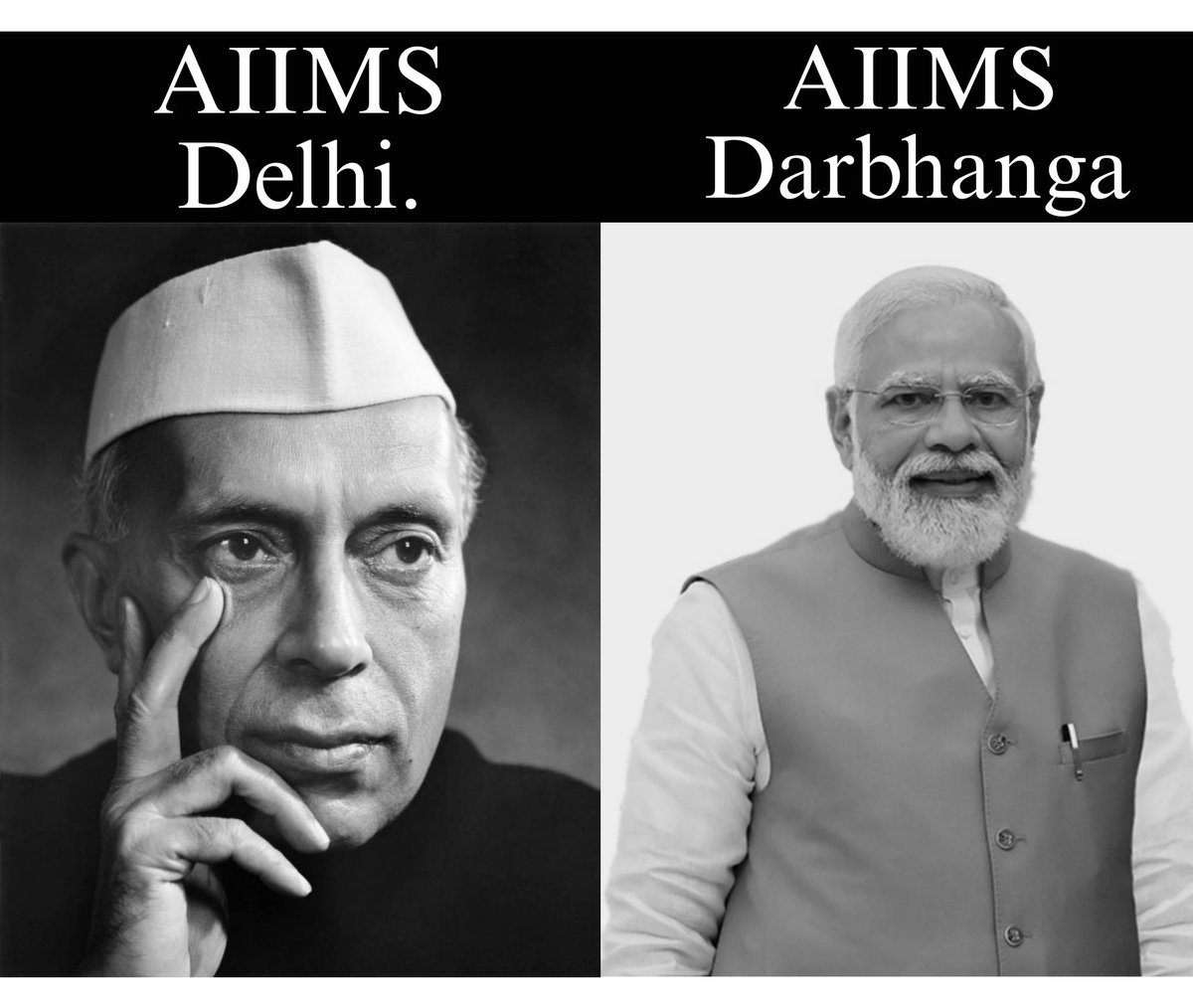 SpiritOfCongres's tweet photo. Nehru is AIIMS Delhi &amp; Modi is AIIMS Darbhanga.

That's the difference! https://t.co/b0eFRxnlPb