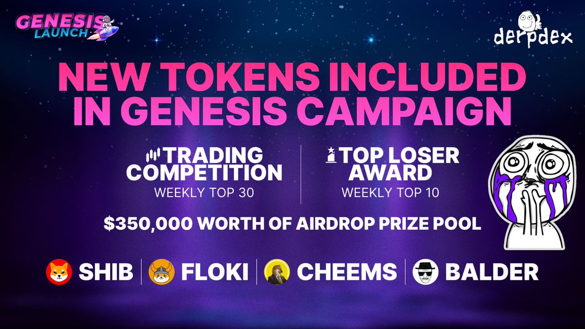 DerpDEXcom's tweet photo. 🔥We are heating the 69-day DerpDEX Genesis Campaign! Today, we have added new tokens that can bring you to the game! 👀

$SHIB @ShibToken, $FLOKI @RealFlokiInu, $CHEEMS @LordCheems_, and $BALDER @BalderSexier will be added to the Genesis Launch and eligible for both Trading competition and Top Loser Award. 
🤑 $350,000 worth of airdrop prize pool is ready for the traders to grab!🤑

📖Check out the genesis launch campaign: https://t.co/Gd2IteNd0x

Spread the word, pump it up, and earn rewards! 💪

#Derpingtothemoon #zkSync #DeX #meme #Airdrop #SHIBARMY #memecoin #FLOKI