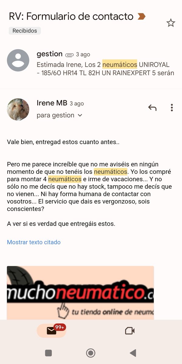 Irenemedinb's tweet photo. @muchoneumatico Mi enfado es mayúsculo de la falta de profesionalidad y servicio. Les escribo. También recuerdo el problema con el código postal. Les escribo. NINGUNA respuesta de @muchoneumatico https://t.co/WAFBTV9hmw