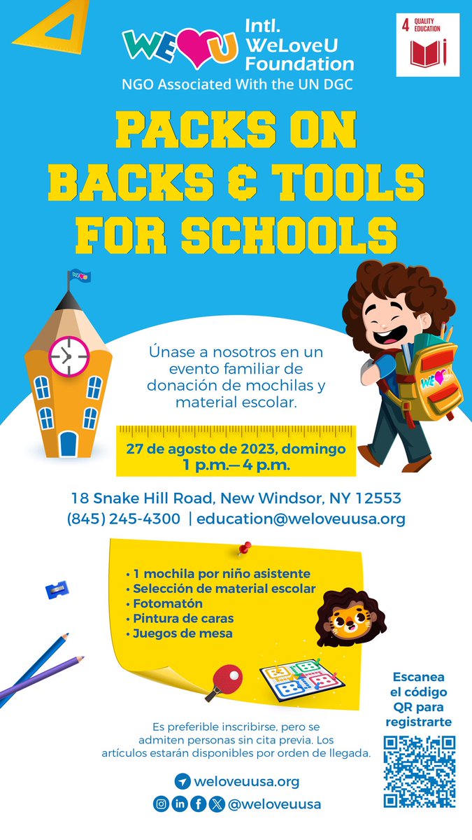 weloveuusa's tweet photo. Join WeLoveU’s Packs on Backs and Tools for Schools donation event coming soon to New Windsor, NY! https://t.co/c2mhf88QNO