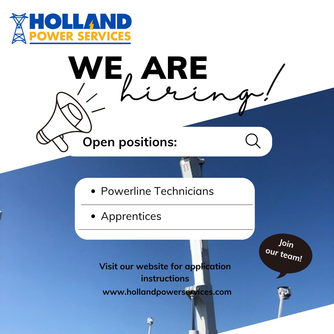 Holland Power Services (@powerholland) on Twitter photo Attention all! As we gear up for the impending Storm Season, we are seeking individuals who are eager to join our storm response team. Follow below for more application instructions.
#powerrestoration #canadianutility #stormseason Attention all! As we gear up for the impending Storm Season, we are seeking individuals who are eager to join our storm response team. Follow below for more application instructions.
#powerrestoration #canadianutility #stormseason