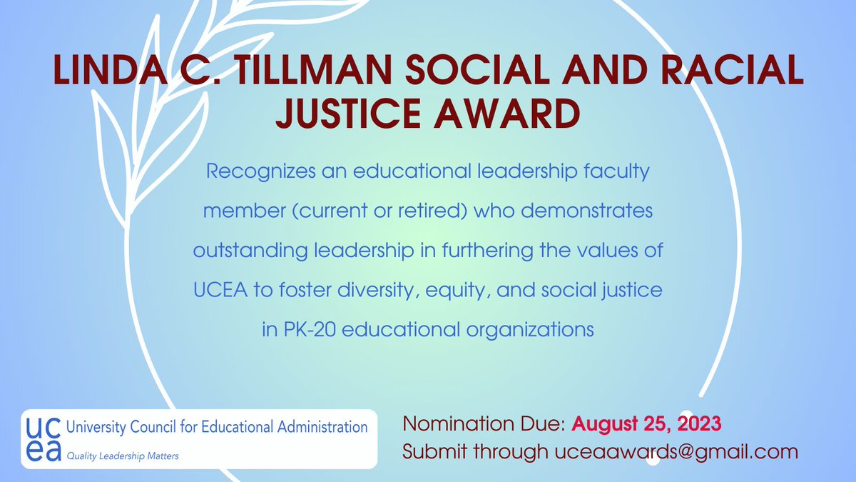 #UCEA23 Awards are still open for nominations!
Is one of your colleagues doing  #UCEAwesome work to further justice & equity? Nominate them for the Linda C. Tillman Social and Racial Justice Award!
ucea.org/opportunities/…
#LeadershipMatters  @DrMoniByrne @UCEAGSC @UCEAJSN