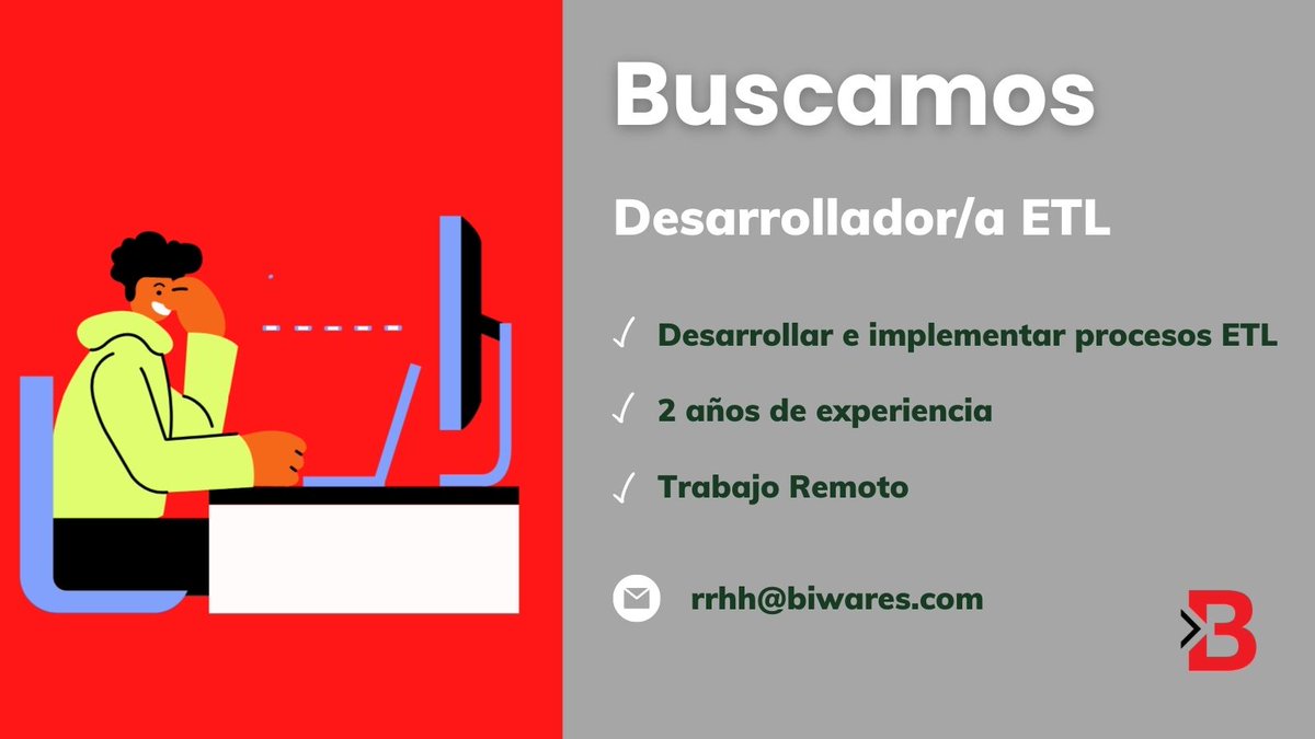 BiwaresOk's tweet photo. 📌Biwares busca incorporar:
➡️Desarrollador/a ETL
🏠 #remoto 100%
📧rrhh@biwares.com
🌐#argentina
👉🏽 https://t.co/6MN7mF4pvB
#rrhh #trabajoar #etldeveloper #etl #hiring #homeoffice https://t.co/9WDsWosgOZ