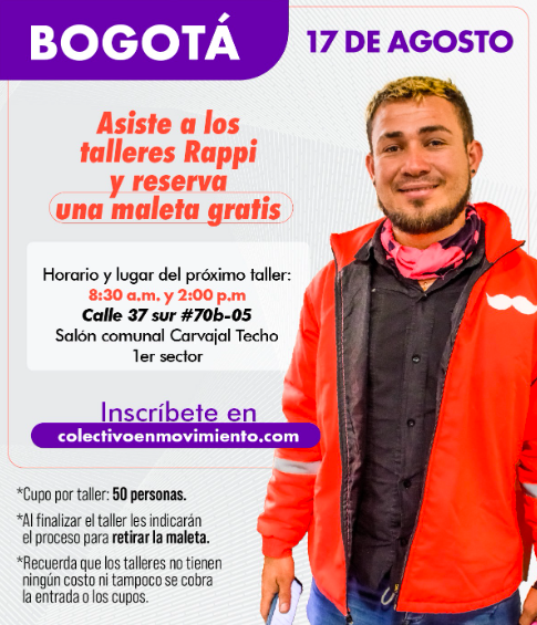 ColEnMovimiento's tweet photo. Buenos días😎
Por acá les compartimos la información para los talleres Rappi de uso y acercamiento de mañana jueves 17 en Bogotá, Cali y Medellín.

Para que aprovechen y se vayan inscribiendo o le cuenten a algún otro compañero. Recuerden inscribirse en https://t.co/OiIvXeTA0t 🤜 https://t.co/4dby62w2dh