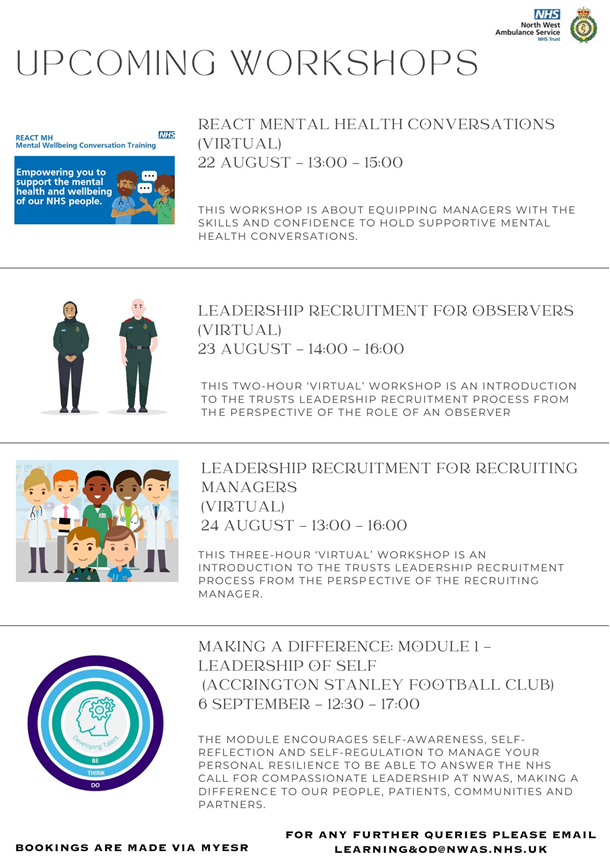 NWAS Learning & Organisational Development (@nwamb_learning) on Twitter photo NWAS staff we have availability on our below workshops. All bookings are made via MyESR go into your learner homepage and search for the workshop to enrol onto. If you have any issues please email Learning&OD@nwas.nhs.uk
<a href="/NWAmbulance/">North West Ambulance Service</a> <a href="/NWAMB_Inclusion/">NWAS Equality, Diversity & Inclusion</a> #NWAS #Learning NWAS staff we have availability on our below workshops. All bookings are made via MyESR go into your learner homepage and search for the workshop to enrol onto. If you have any issues please email Learning&OD@nwas.nhs.uk
<a href="/NWAmbulance/">North West Ambulance Service</a> <a href="/NWAMB_Inclusion/">NWAS Equality, Diversity & Inclusion</a> #NWAS #Learning