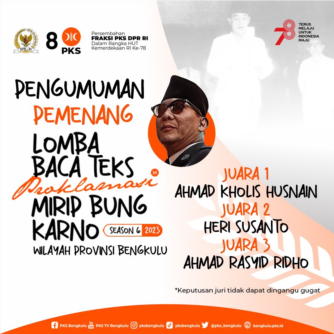 Selamat Kepada Para Pemenang LOMBA BACA TEKS PROKLAMASI MIRIP BUNG KARNO (SEASON 6 | 2023) Wilayah Provinsi Bengkulu👏🏻

#PKSMenang2024
#LombaBacaTeksProklamasiFraksiPKSDPRRI