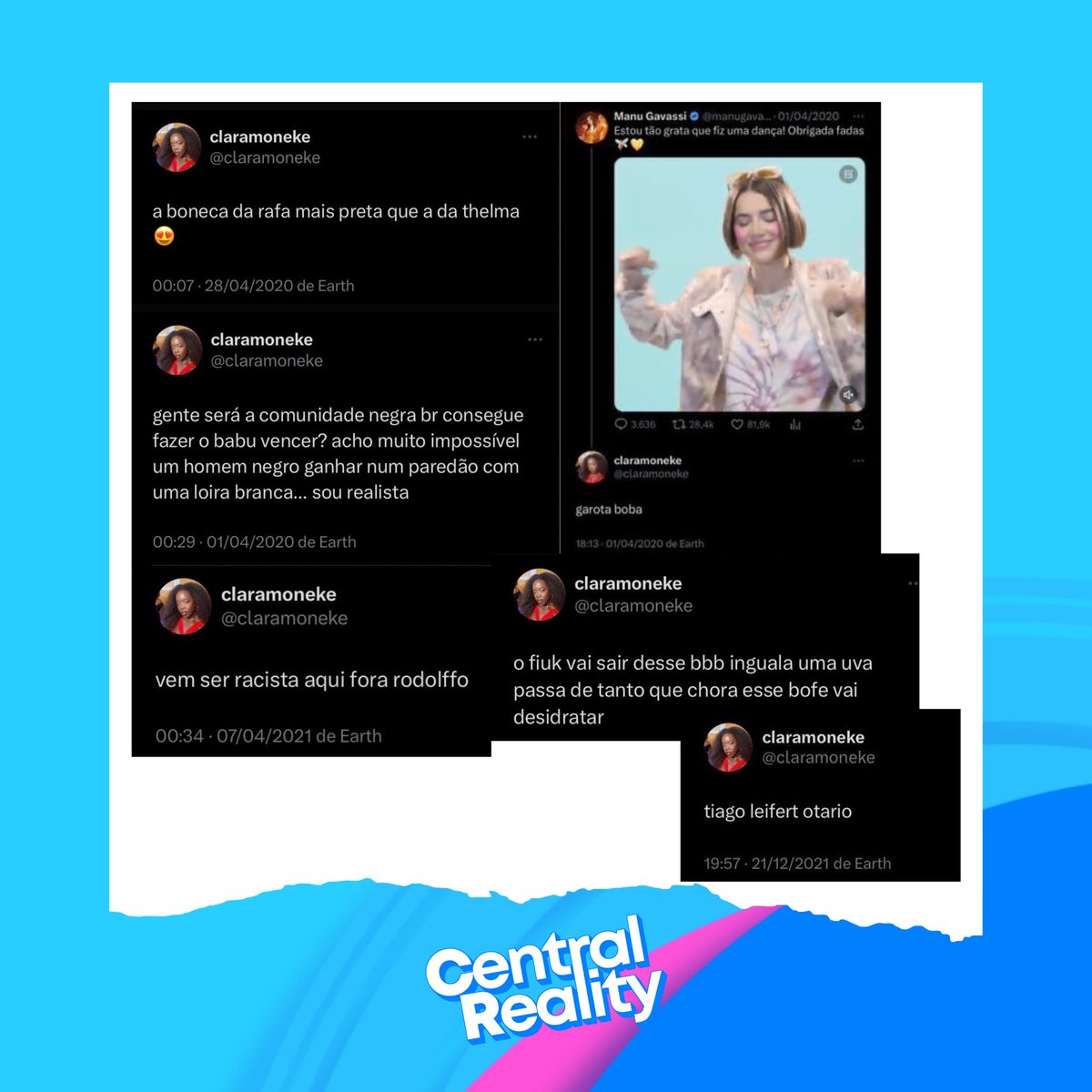 centralreality's tweet image. 🚨VEJA: Tweets antigos sobre o BBB feitos pela atriz Clara Moneke viralizam na internet.