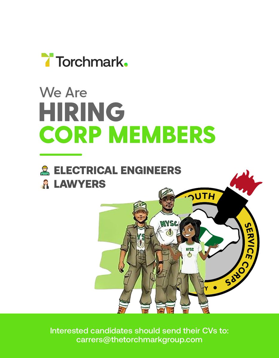 Torchmark is hiring creative and analytical Corp members to join her team.

Kindly send your CV to careers@thetorchmarkgroup.com

#nysc #nysc2023 #corpmembers #hiring #HIRINGNOW #joblisting #jobopportunity #jobsinnigeria #jobsinabuja #jobvacancy #solarengineer #engineer #lawyer