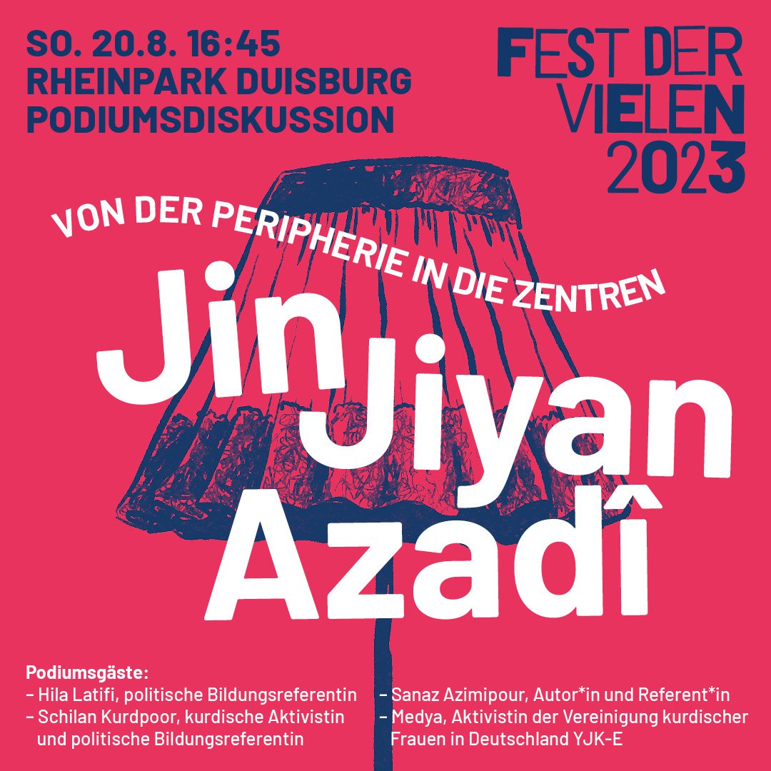 Die diesjährige Podiumsdiskussion nimmt uns mit zu den historischen, aktuellen und vergessenen Kämpfen um die Befreiung der Frauen, Selbstbestimmung, Ermächtigung, grenzüberschreitender Solidarität mit Fokus auf den #Iran, #Afghanistan, #Türkei und #Kurdistan #jinjiyanazadi