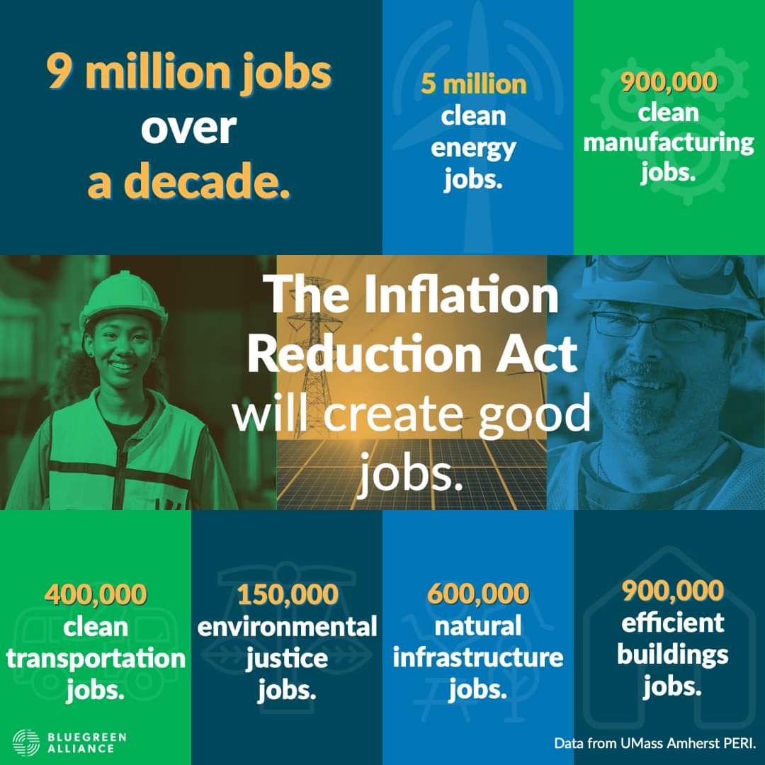 Sam4WV's tweet photo. The IRA has spurred 9 million new private-sector jobs in sustainable, high-wage energy businesses over next decade! It has also cut costs of medical care for millions of Americans.  @JoeBiden signed the IRA on 8/16/22. Thanks, @wvdemocrats @Sen_JoeManchin!! #InflationReductionAct https://t.co/cjoRXki7RN