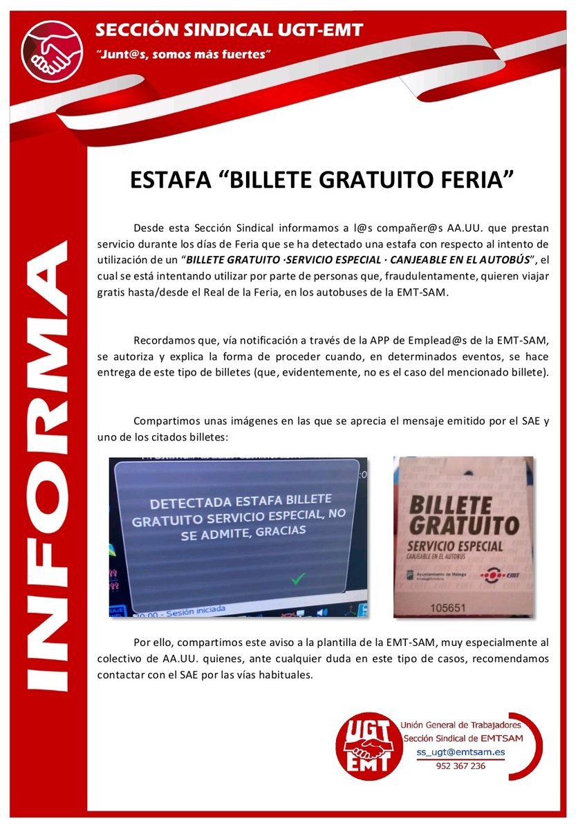 UgtEmt's tweet photo. RT ⚠️ ¡#AlLoro con este #TimoDeLaEstampita en el que, por 1 €, te "revenden" un ticket para viajar con la @EMT_Malaga hasta/desde la #feriademalaga!

🚨 Nuestr@s compañer@s ya están avisad@s. Compártelo, para que tus contactos también lo estén.

#nopiques
#quenoteladenconqueso https://t.co/yf3lt2KukW