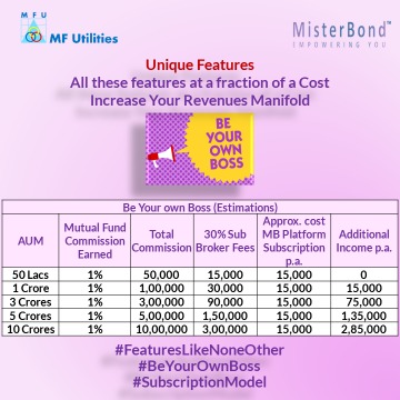 IamMisterBond's tweet photo. Not a #SubBroker model platform. #BeYourOwnBoss on #MisterBond B2B platform exclusively for #MFDs with #ARN &amp; increase your revenues manifold. 

Register to know more on 21st Aug at 6 pm:

https://t.co/FCJ28DPAyx

#FeaturesLikeNoneOther
#BYOB https://t.co/QRy9kE2MqA