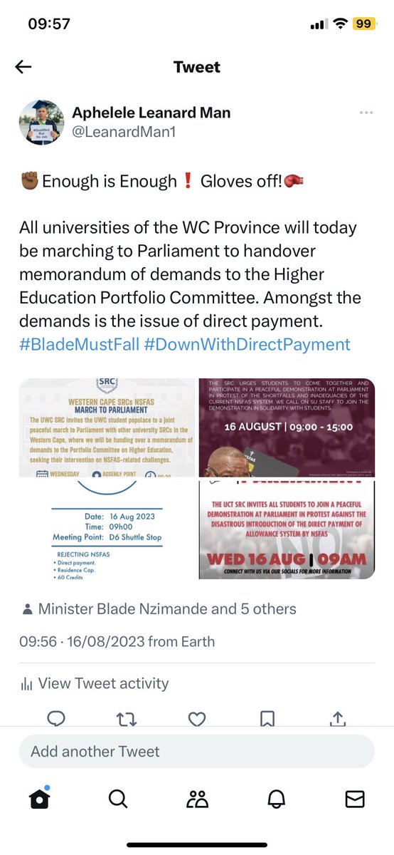 LeanardMan1's tweet photo. @myNSFAS #DownWithDirectPayment
#BladeMustFall 
#SausMustFall

@Yandicer Lubabalo Nzoyiya is a sellout!
@DrBladeNzimande 
@ButiManamela 
@SlumeziSkosana https://t.co/b38p6oZibW