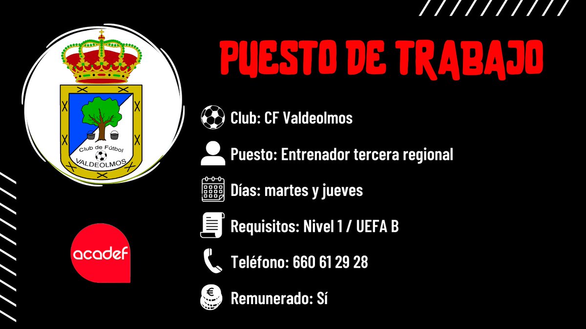 acadefescuela's tweet image. Puesto ENTRENADOR en el CF Valdeolmos