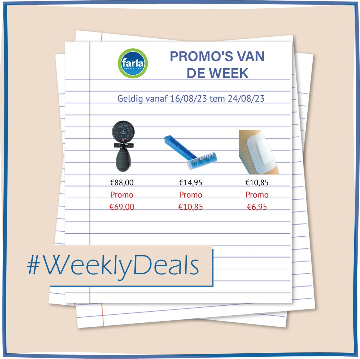 FarlaMedical's tweet photo. Ontdek de promo's van de week (16/08 tem 24/08)!
#farlamedical #promotie #deals #promosvandeweek #medical #medischmateriaal #boso #boloclassico #scheermesjes #zarys #steriele_instrumenten #wondpleisters #ehbo

https://t.co/eBZ7s09HPo https://t.co/7R5YeuTht9