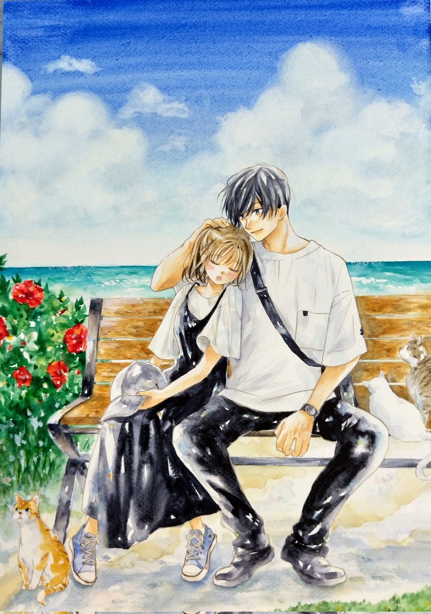 青春ヘビーローテーション連載再開の時の表紙。あたたかい感じがほしくて透明水彩で塗りました。#透明水彩