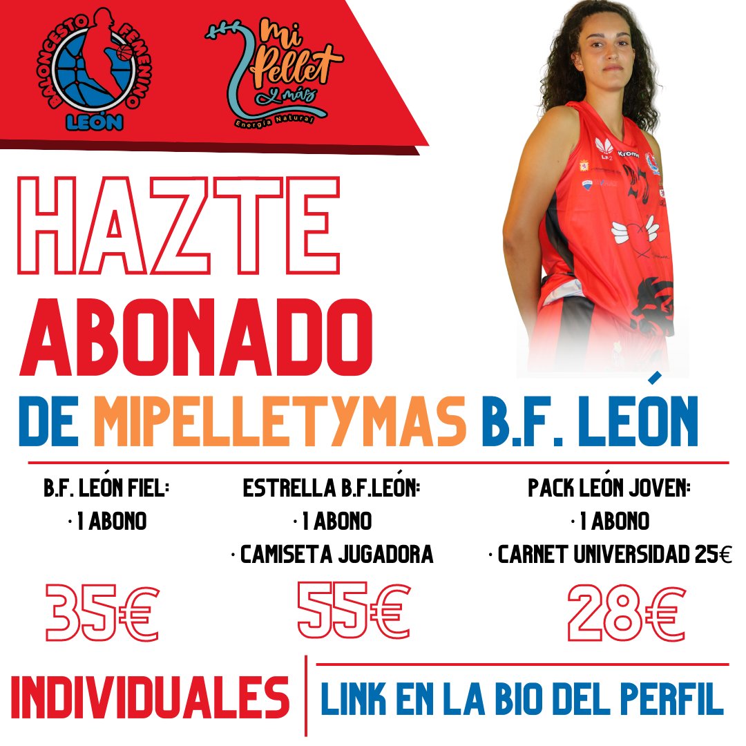bfemeninoleon's tweet photo. ¡Únete a la familia B.F. León en la próxima temporada! 🏀

🔸 Abono B.F. León Fiel.
🔸 Pack Estrella B.F.León.
🔸 Pack León Joven.

https://t.co/sq4yab3d3M

#BfLeón #Abonados2023 #PasiónPorElBaloncesto https://t.co/K54aJbRmRS