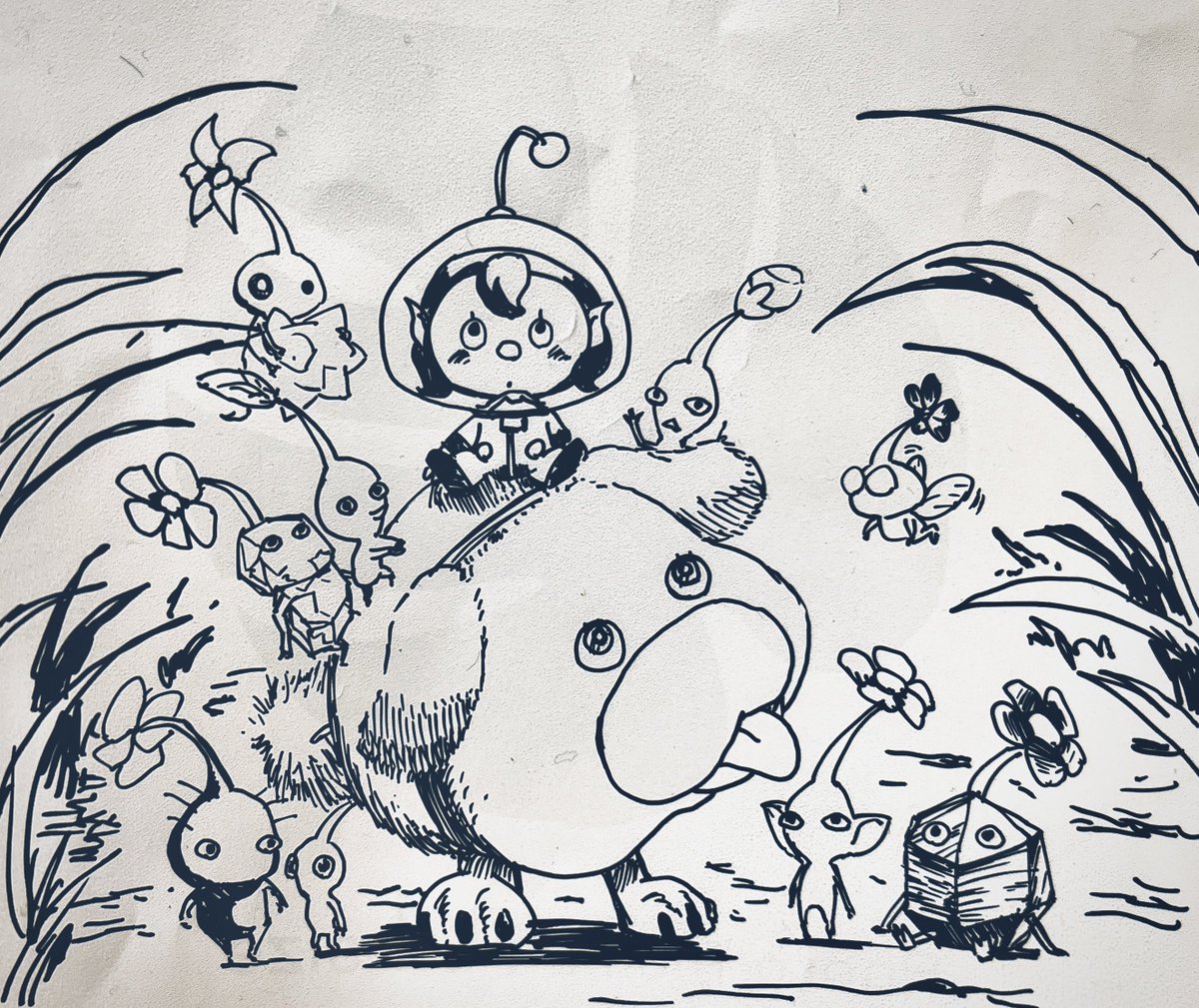 帰省してて甥っ子にマジックでピクミン描いたよ🌱 