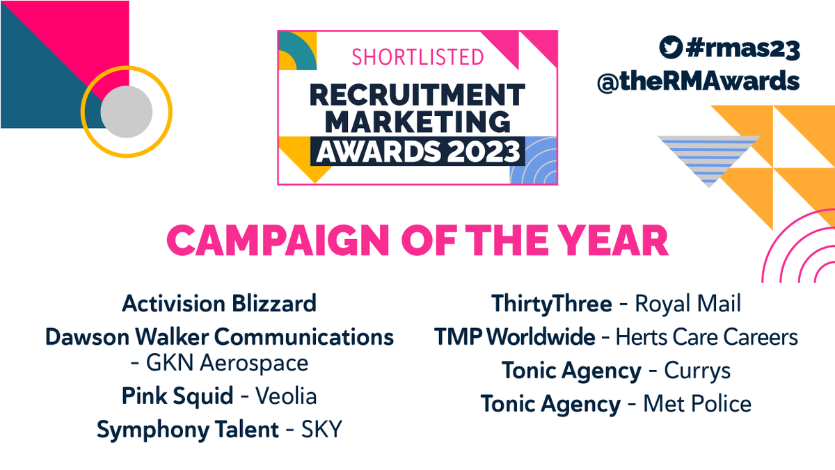 theRMAwards's tweet photo. The next category we will be announcing is the #rmasshortlist for Campaign of the Year. Congratulations to:
Activision Blizzard @ATVI_AB
Dawson Walker Communications - GKN Aerospace 
Pink Squid - Veolia @Pink_squid
#rmas23 (1/3) https://t.co/Zp2X0IYJ0l