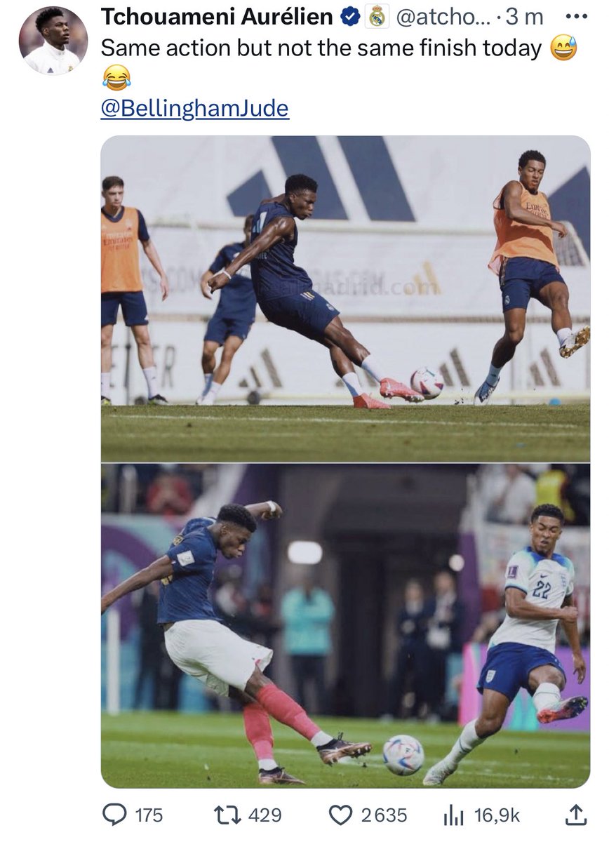 _BeFootball's tweet photo. Cette photo de Tchouaméni et Bellingham n’est pas sans rappeler le but du Français contre l’Angleterre à la Coupe du Monde. 🇫🇷☄️

Mais visiblement, l’issue était différente cette fois : « Même action mais pas la même finition aujourd’hui 😂. » https://t.co/RrzprbbvPu