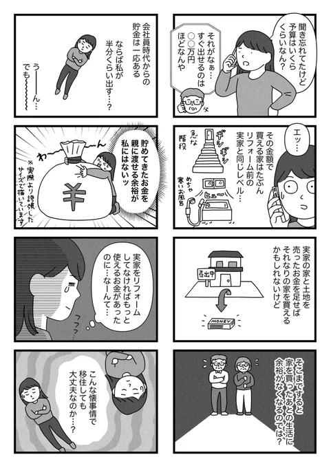 70代の両親の呼び寄せを考えた話(6/10)

両親が退職金をどう使うかは、両親が自由に決めたらいいと思ってました。でも住まいや生活にかかるお金のことは、もっと親子で話しておけばよかったのかなぁ…。
私はこれまで自分のことで精一杯だったし、建設的な話はできなかった気もする。 