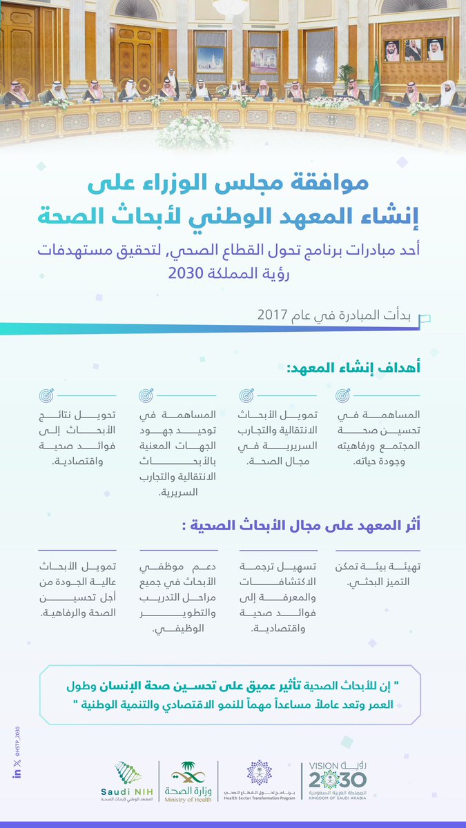 ضمن مبادرات #برنامج_تحول_القطاع_الصحي؛ يأتي إنشاء المعهد الوطني لأبحاث الصحة ليكمل مسيرة الحفاظ على صحة الإنسان في المملكة من خلال دعم البحث والابتكار في القطاع الصحي وتمكين الباحثين. #رؤية_السعودية_2030