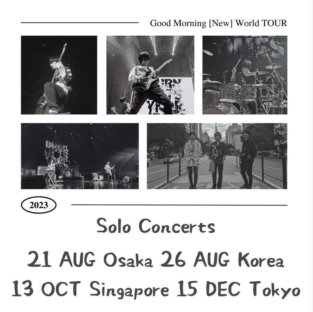 BURNOUTSYNDROME's tweet image. BURNOUT SYNDROMES
2023年ツアーのワンマンライブ編が8月21日の大阪からスタートします！
懐かしい曲も結構聴けるかも…！？

We’re gonna hold a solo concert in Korea and Singapore!!
Come on guys!!!

Ticket🎫 
sp.burnoutsyndromes.com/news/detail/921