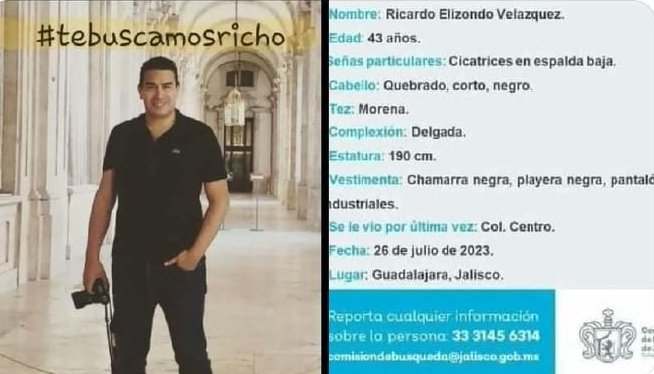 pamquibec's tweet photo. @beltrandelrio @beltrandelrio hay un desaparecido más que no tiene difusión. Es #RicardoElizondo desapareció el 26 de julio en el Centro de #Guadalajara y la @FiscaliaJal NO QUIERE entregar imágenes del c5 ... Es mi amigo. 
¿Podrías tomar el caso para difundir? El hashtag #TEBUSCAMOSRICHO https://t.co/AnOhARc62u