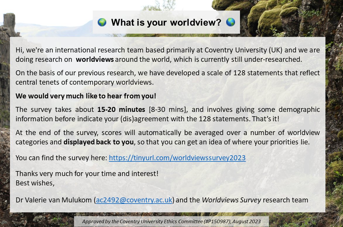 herebehumans's tweet photo. 🌎What is your worldview?🌍

➡Survey: Give some demographic information &amp; indicate agreement with 128 statements-that's it!
➡Reward: It shows your scores afterwards🤔
➡Time: 15-20 mins to complete [range 8-30 mins]
➡Anyone can participate. Thanks! :)

https://t.co/Ql9BviDMQl https://t.co/9ryaNo1OCD