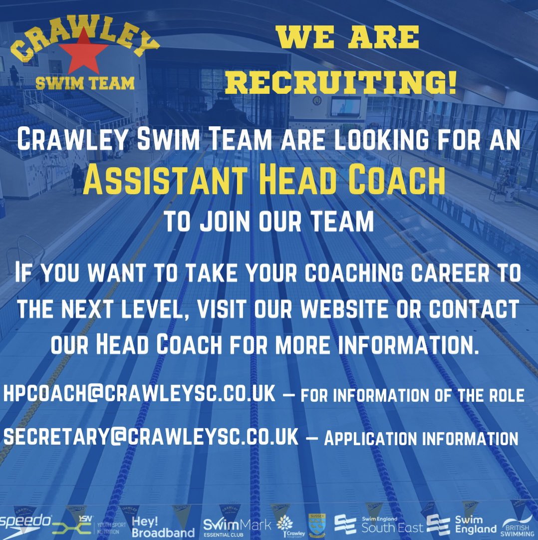 ⚠️WE ARE HIRING⚠️ We are currently recruiting a Full-Time Assistant Head Coach. Please click the link for more details and to apply swimming.org/careers/vacanc… CLOSING DATE SATURDAY 19th AUGUST 2023 @JobsInSwimming @Swim_England @sussexasa @swimsoutheast @Propulsion_Swim