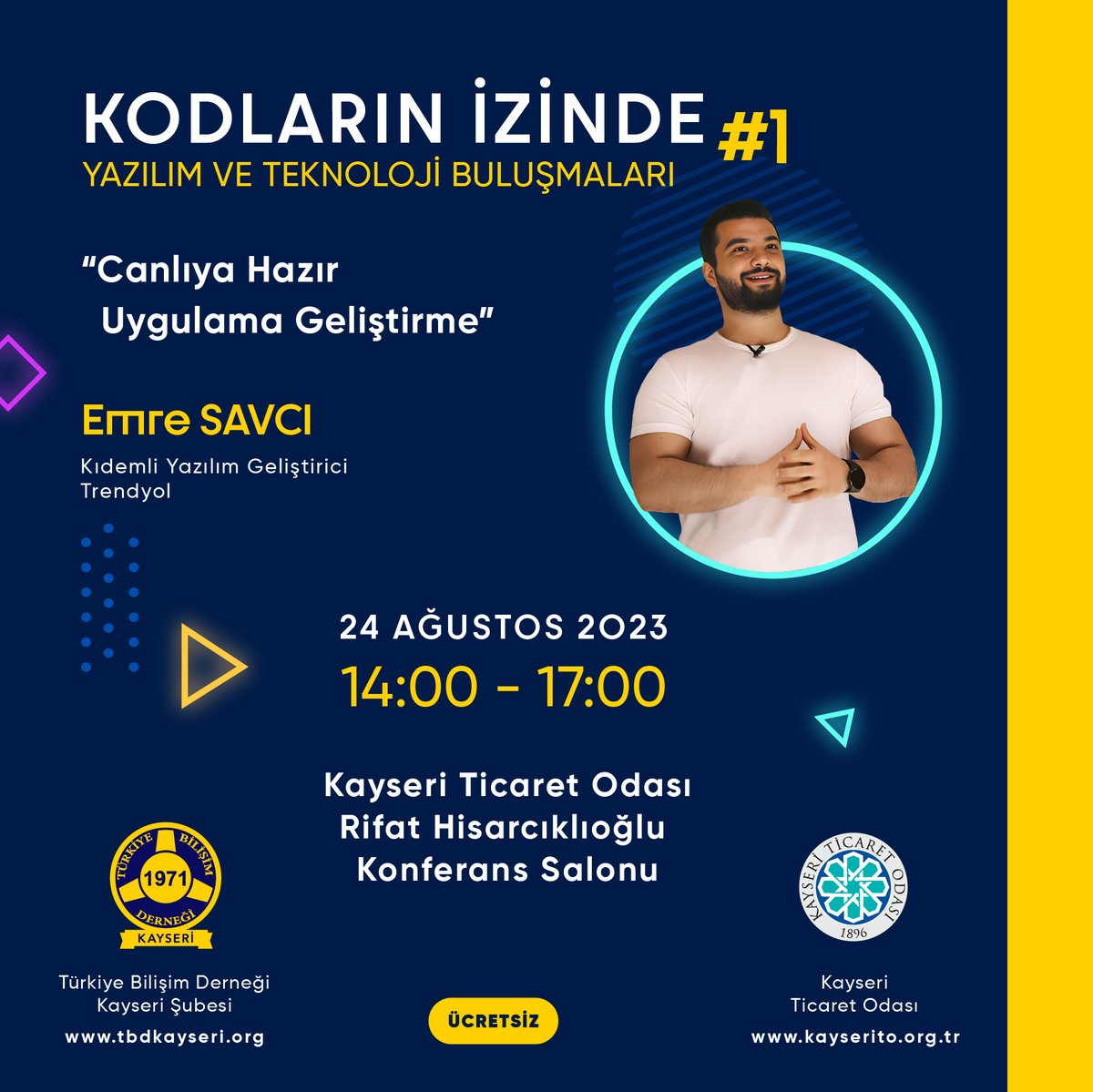 TBDKayseri's tweet photo. TBD Kayseri ve Kayseri Ticaret Odası olarak, 
Kodların İzinde isimli etkinlik serisi ile yazılım ve bilişim dünyasının yıldızlarını şehrimizin bilişimcileri ile buluşturuyoruz. 
İlk misafirimiz Emre Savcı.
Kayıt linki:https://t.co/I1NFfcDMbn
@tbdmerkez @Kayserito @mstrYoda_ ⬇️ https://t.co/a1R0epatCf