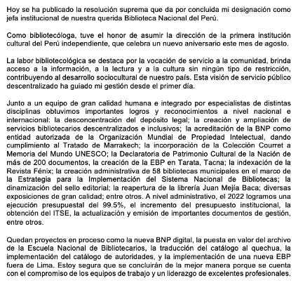 Fabivergara's tweet image. Hoy se ha publicado la resolución suprema que da por concluida mi designación como jefa institucional de la @BibliotecaPeru .
Como bibliotecóloga, tuve el honor de asumir la dirección de la primera institución cultural del Perú, que celebra un nuevo aniversario este mes de agosto