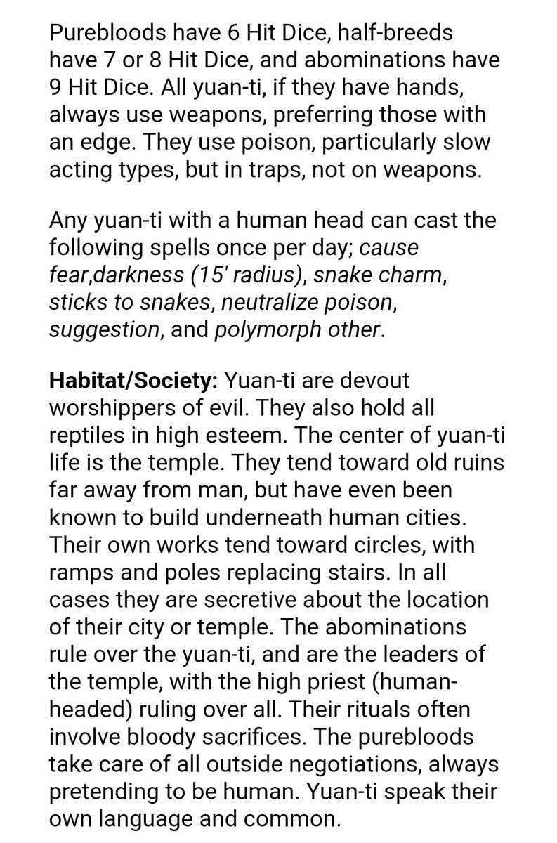 eroc0303's tweet photo. I love Yuan-ti encounters, but one doesn't just roll in snake people without understanding the full extent of their world! #dungeonsanddragons #ADnD2 #MonstrousCompendium #ADnD1 #MonsterManual2 https://t.co/xGOdeGG5ik