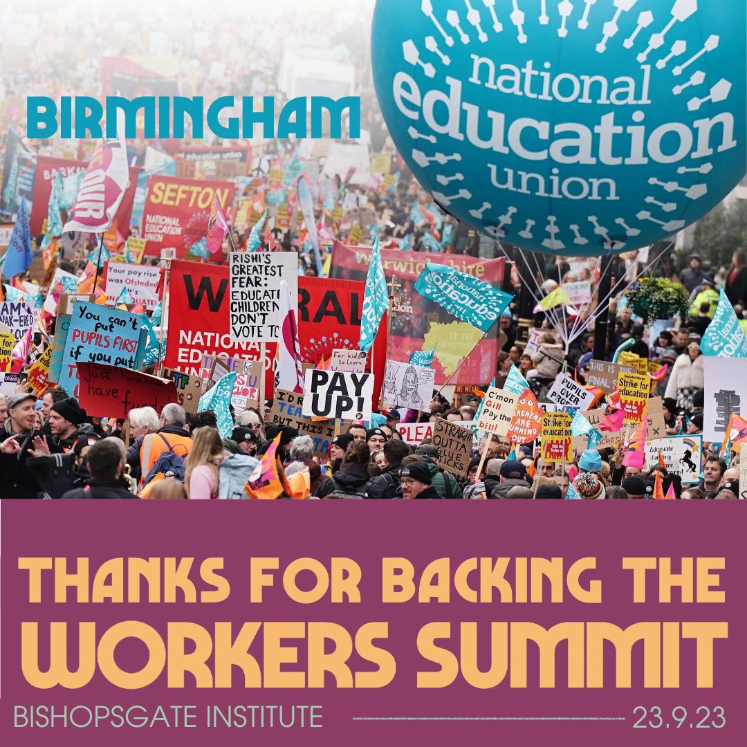 Big thanks to <a href="/BirminghamNEU/">Birmingham NEU</a> for backing the Workers' Summit on 23 Sept.

Looking forward to hosting a debate and reflection on a year of strikes -- and how we can win!

Book: bit.ly/WorkersSummit
Motion: bit.ly/SummitMotion